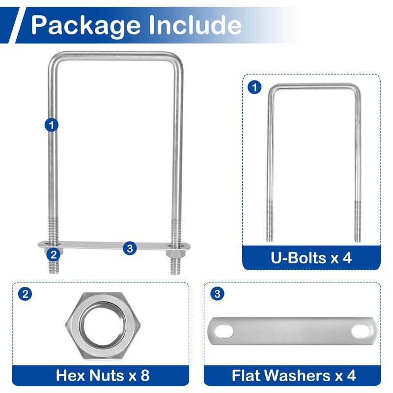 MroMax 2Pcs Square U-Bolts 4 Inch Inner Width, M10 x 100 x 200mm 304 Stainless Steel U-Bolts with Frame Plates and Nuts, 7.87 Inch Length, for Automobiles Trailer, Ski Boat, Sailboat and Trailer - Image 4